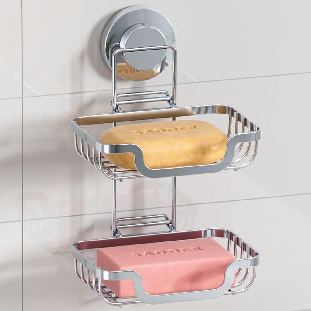 LEVERLOC 2 Tier Soap Holder, Soap Bar Dish for Shower Wall Mounted, Stainless Steel Suction Cup Sponge Holder for Bathroom Bathtub Kitchen Sink, Waterproof, Removable, Keep Dry, Silver