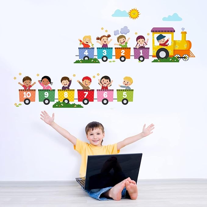 Alphabet Train Color Learning Educational Wall Decals Peel and Stick Cute Animal Wall Stickers for Educational Classroom Kids Playroom Bedroom Decorations (Train Numbers Reverse)