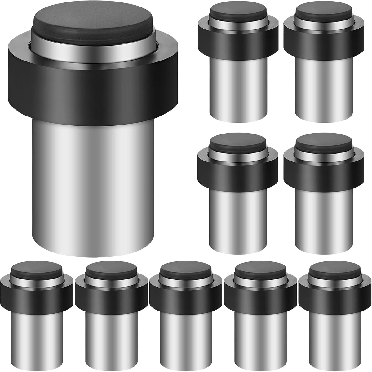 Chumia 10 Pcs Door Stopper Mounted Floor Stops Stainless Steel Cylindrical Stopper Modern Decorative Rubber Bumper Stops Holder Wall Protector for Bottom or Top of Door (Silver)