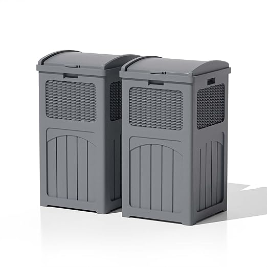 Patiowell 36 Gallon Outdoor Trash Can, Resin Outdoor Garbage Can with Lid for Patio, Backyard, Deck, Gray (2 Pack)
