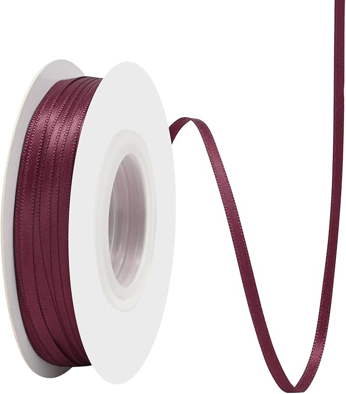 Wine Red Satin Ribbon 1/8" X 50 Yards Solid Color Double Faced Ribbons Perfect for Crafts Wedding Decor Bow Making Arts Sewing and More