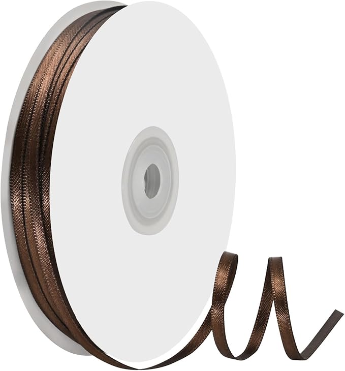 1/8 Inch X 100 Yards Brown Satin Thin Ribbon Solid Color Double Faced Ribbons Perfect for Crafts Wedding Decor Bow Making Arts Sewing and More