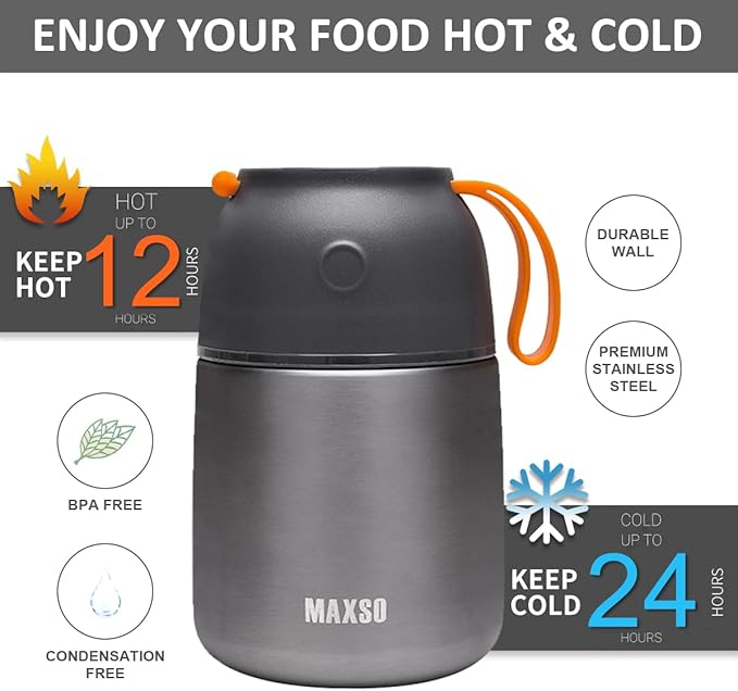 Insulated Thermo Food Jar for Hot & Cold Food for Kids Adult, 17&24 oz Soup Thermal Hot Food Containers for Lunch, Triple Layer Insulation Stainless Steel Food Jar with Spoon (2 Pack Grey)