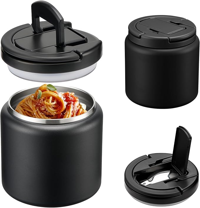 Soup Thermo for Hot Food Kids 25.5oz Lunch Containers with Buckle Lid Wide Mouth Hot Food Jar Vacuum Insulated Stainless Steel Bento Box Leakproof with Spoon(Black)