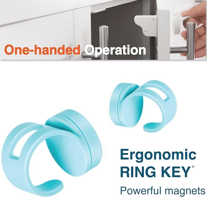 Roving Cove Ergonomic Magnetic Cabinet Baby Locks 4-pk, Child Proof Drawer Cupboard Latches, Adhesive, Easy Install with Starter Tape System, 4 Locks 2 Ring Keys
