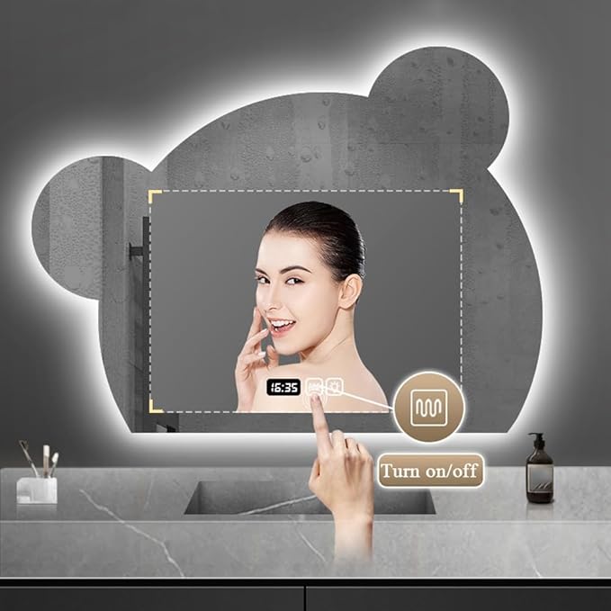 LTSRLL LED Vanity Mirror Cute Bear Decorative Mirror for Bathroom & Dressing Tabler Backlight Wall Mirror with 3 Color Dimmable Light Demister Pad Human Body Sensor Switch(Cut Right,60cmx75cm)