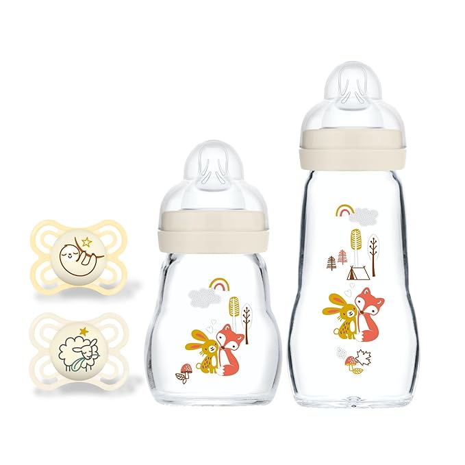 MAM Feel Good Glass Baby Bottle and Pacifier Bundle, Unisex, Slow Flow and Medium Flow, Premium 5oz and 9oz Glass, Easy Switch Between Breast to Bottle, MAM Perfect Night Pacifier 0+ Months, Glows in