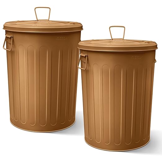 Plexon Large Metal Trash Can with Lid 20 Gallon, Decorative Outdoor Trash Can Heavy Duty Galvanized Metal Bucket with Lid for Garage Workshop Ash Storage Farmhouse, Copper 2 Pack