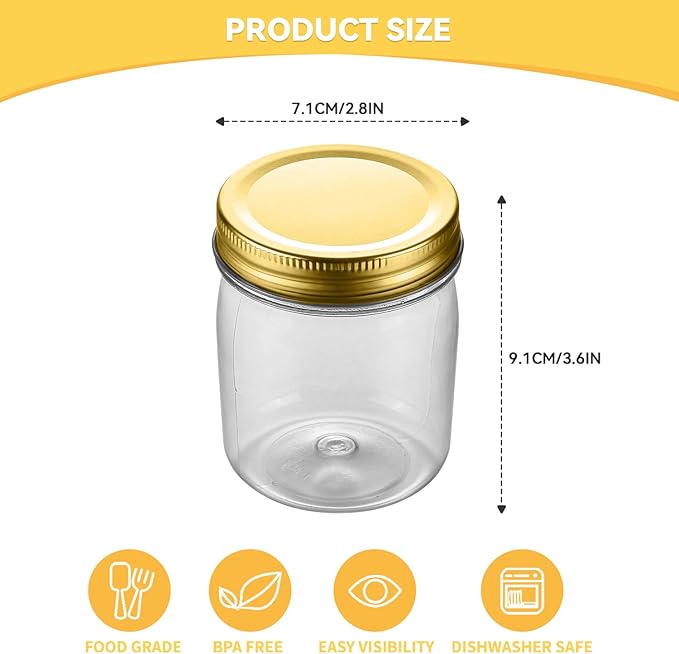 novelinks 8 oz Clear Plastic Jars with Screw-On Lids - BPA-Free Refillable Storage Containers for Slime, Spices, Crafts, Kitchen & Home Organization (32 Pack,Gold)