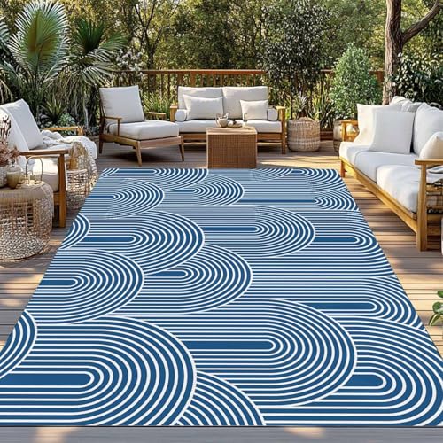 Outdoor Rug 3x5ft, Abstract Navy Blue Geometric Pattern Indoor Area Rug for Patio Backyard Deck Large Floor Mat, Modern Boho Nordic Style Non-Slip Outside Carpet Balcony Porch Camping Rugs Picnic Mat - size: 3' x 5' (Rectangular)