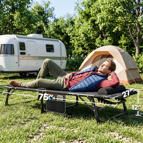 ABORON 3-in-1 Folding Patio Lounge Chair, 440LB Heavy-Duty Tri-Fold Guest Bed with Plush Cotton Cushion, No Assembly Adjustable Recliner for Office Nap, Patio Sunbathing, Poolside & Camping - color: Jet Obsidian
