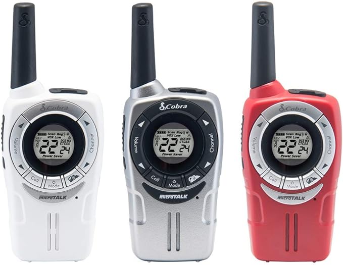 Cobra ACXT360 Water Resistant Walkie Talkies – Rechargeable, 22 Channels, Long Range 25-Mile Range Two-Way Radios 3-Pack, White, Silver and Red