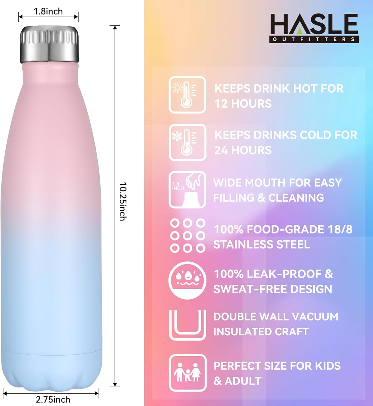 HASLE OUTFITTERS 17oz Stainless Steel Water Bottles, Vacuum Insulated Water Bottles Double Walled Powder Coated Reusable Metal Sports Water Bottles Keep Drinks Hot and Cold, Pink Blue, 1Pack