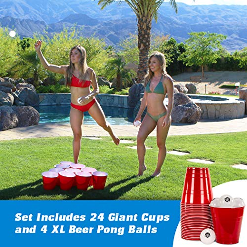 GoPong Giant Yard Pong Drinking Game for Adults – Indoor/Outdoor Lawn, Beach, and Tailgating Beer Pong Party Game – 24 Heavy Duty Giant Cups with 4 Balls
