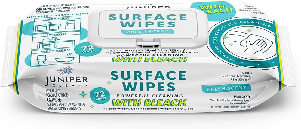 1 Pack Surface Wipes with Bleach, All-Purpose Cleaner for Bathroom, Kitchen, Office, 72 Count Soft Flow, Fresh Scent, Lint Free & Durable