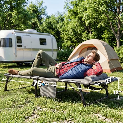 ABORON 3-in-1 Folding Patio Lounge Chair, 440LB Heavy-Duty Tri-Fold Guest Bed with Plush Cotton Cushion, No Assembly Adjustable Recliner for Office Nap, Patio Sunbathing, Poolside & Camping - color: River Astral