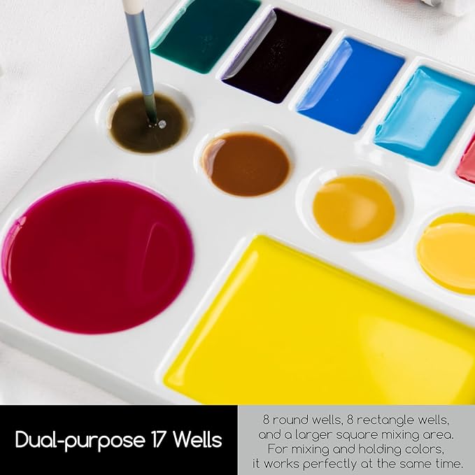 MEEDEN Studio Ceramic Paint Palette, Porcelain Watercolor Palette for Artists Painting, Acrylic Gouache Watercolor Mixing Tray,17-Well 9 x 6.5 Inch