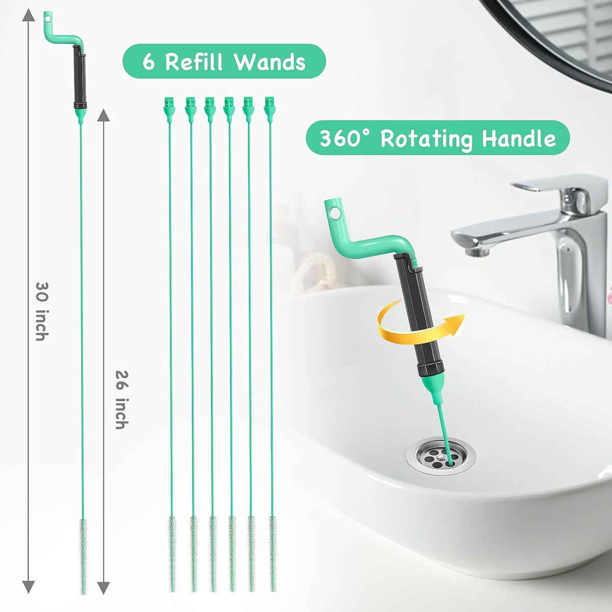 Drain Clog Remover Tool – 30”Anti-break Steel Sink Snake Hair Drain Cleaner Tool, Plumbing Snake with Rotating Handle & 6 Refills, Drain Hair Remover for Shower, Toilet, Kitchen Sink, Bathtub. 6-Pack