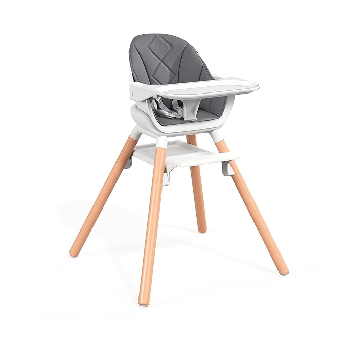 Baby High Chair, Highchair for Baby & Toddler, Easy Clean Infant Highchair, 6 in 1 Feeding High Chair with Removable Double Tray and Waterproof PU Cushion, Wooden Legs, Grey