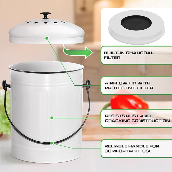 Plexon Countertop Compost Bin Kitchen with Lid, 1.5 Gallon Odorless Kitchen Compost Container, Steel Food Bucket with Charcoal Filter, Pail for Countertop, White