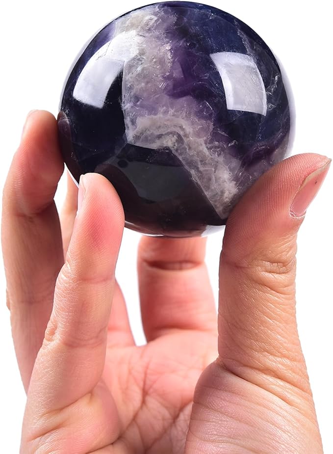 JIC Gem Natural Colorful Fluorite Crystal Sphere Crystal Decorative Ball with Wooden Stand Meditation Balls for Witchcraft Reiki Gift 60-70mm