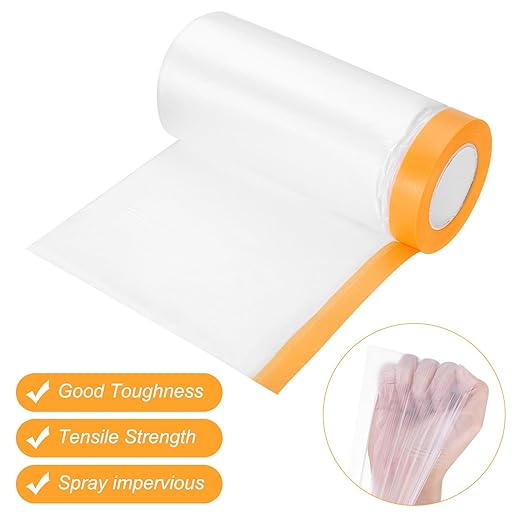 uxcell 3 Rolls Painters Plastic with Tape, 6 x 52 Ft Pre-Taped Masking Film Tape and Plastic Film Paint Plastic Covering Roll for Covering Skirting, Frames and Auto Body, Yellow/Clear