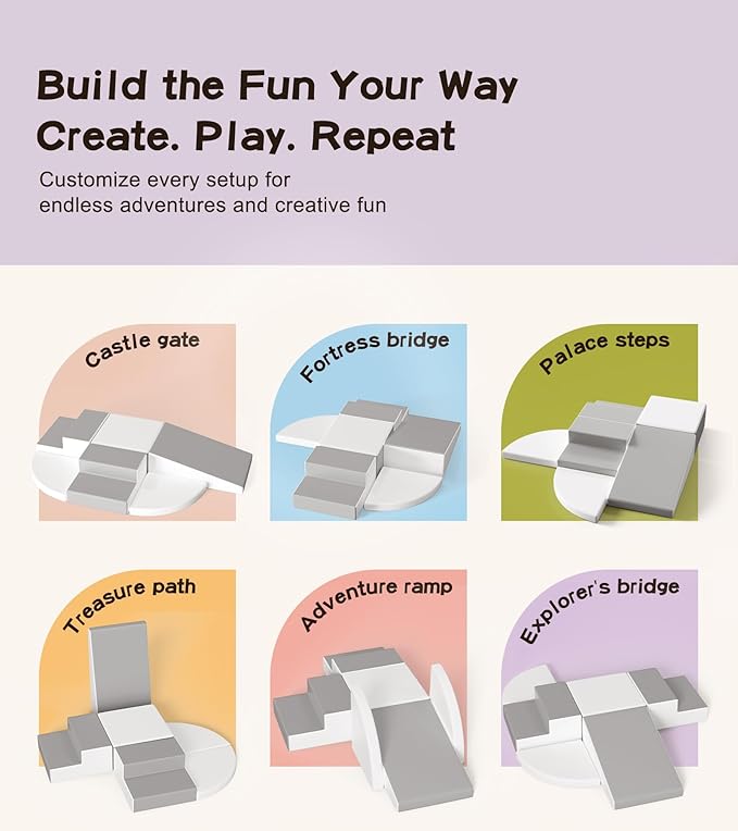 6-Piece Climb and Crawl Activity Play Set, Soft Foam Climbing Blocks for Toddlers with Wipe-Clean PU Leather, Anti-Slip Climbing Toys for Toddlers 1-3 Inside for All-Around Development, Gray & White