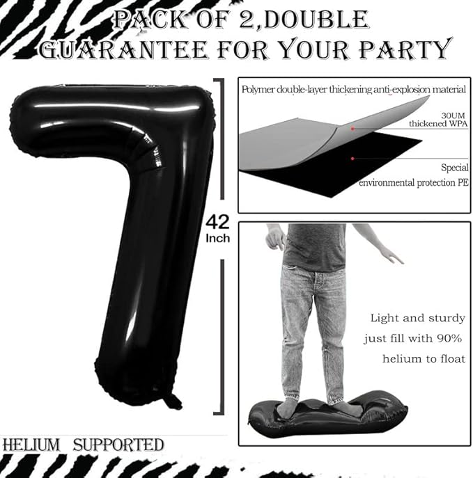 GOER Black Foil Balloons Number 7,Huge Number Balloons for 7th Birthday Party Supplies Anniversary Decorations (3 pcs,42 inch,32 inch,16inch)