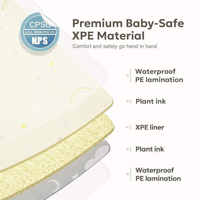 Extra Large Foldable Play Mat, Reversible Baby Play Mat with Edge Reinforcement, Non-Toxic & Waterproof Baby Mat for Floor, Foam Playmat for Infants Toddlers, Rainbow, Cloud & Moon, 47''x71''
