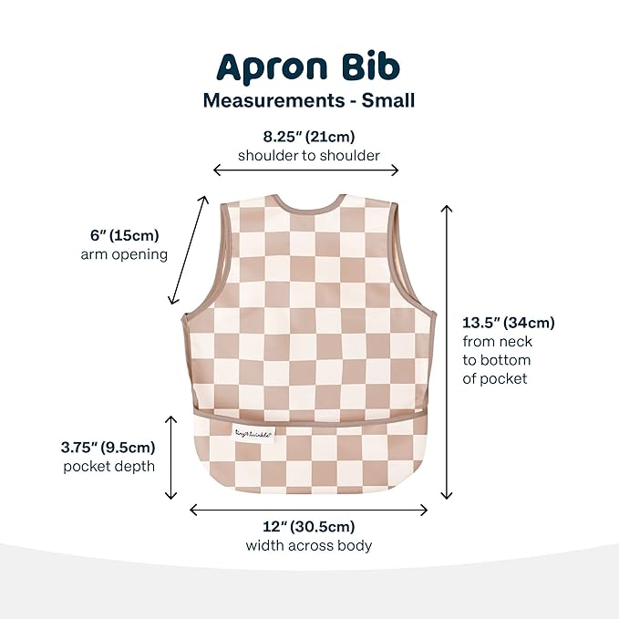 Tiny Twinkle Mess Proof Baby Bib - Waterproof & Lightweight Baby-Led Weaning Apron | 100% Recycled Polyester, Easy Clean & Machine Washable (Brown Checkers, Small 6-24 Months)