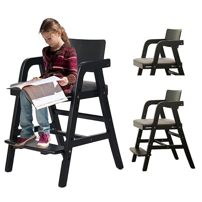 Solid Wood High Chair for Toddlers to Teens, Adjustable Height Toddler Dining Chair, Easy to Clean Toddler Highchair with Removable PU Cushion for Dining, Studying, Step Tool, Black