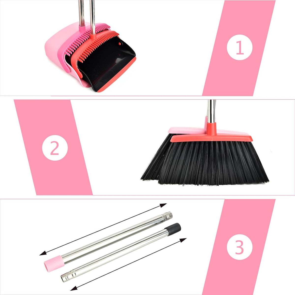 Broom and Dustpan Set, Dustpans with Broom Combo for Home, Heavy Dust Broom and Dustpan Combo, Long Handle Dust Pan and Broom Set for Kitchen, Office, Pet Hair,Pink, Pack of 1