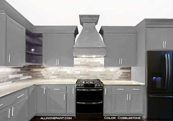 ALL-IN-ONE Paint, Durable cabinet and furniture paint. Built in primer and top coat, no sanding needed. Includes our 30 featured color card - Cobblestone (gray), Gallon