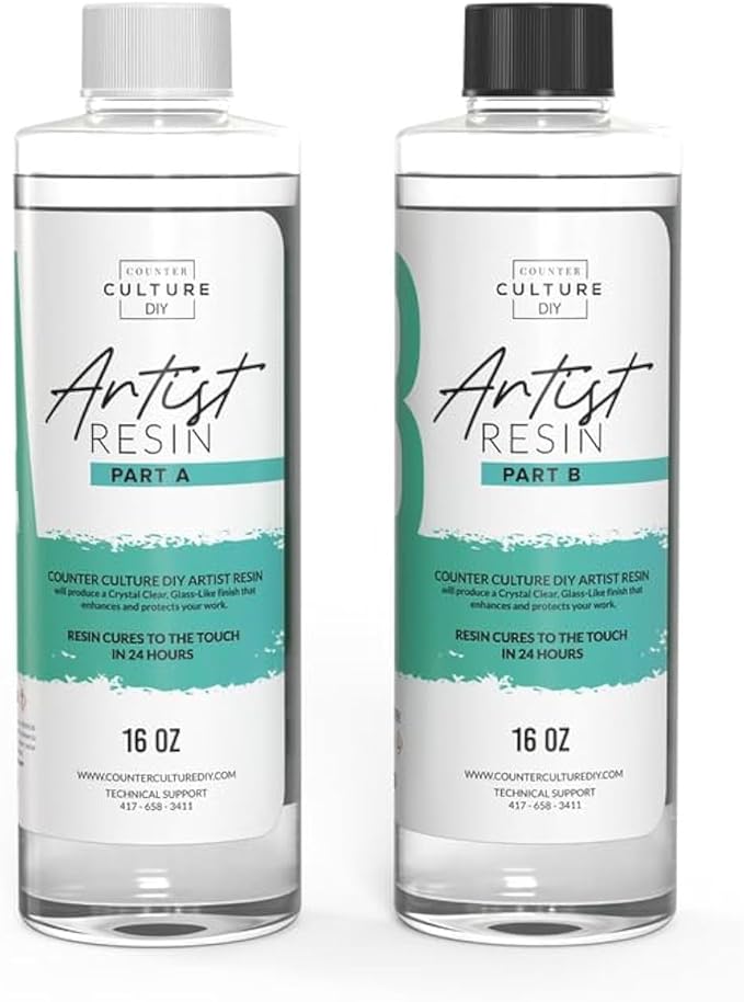 Counter Culture DIY Clear Artist Resin, 32 oz Kit, Art Epoxy Supplies for Metallic Stains Acrylic 100% Solids Easy Coat No VOCs Scratch UV Heat Resistant to 500 Degrees