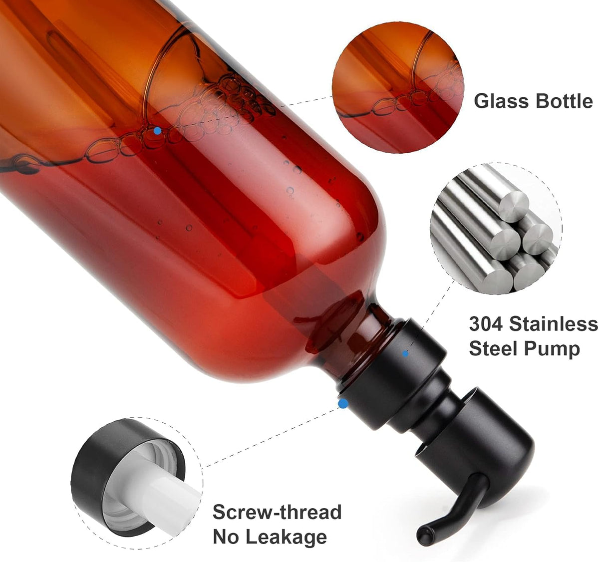 AmazerBath Amber Glass Soap Dispenser, 2 Pack Soap Dispenser Set with Stainless Steel Pump, Vintage Liquid Brown Soap Dispensers Bottle, 17 Oz Dish Soap and Hand Soap Dispensers for Bathroom Kitchen
