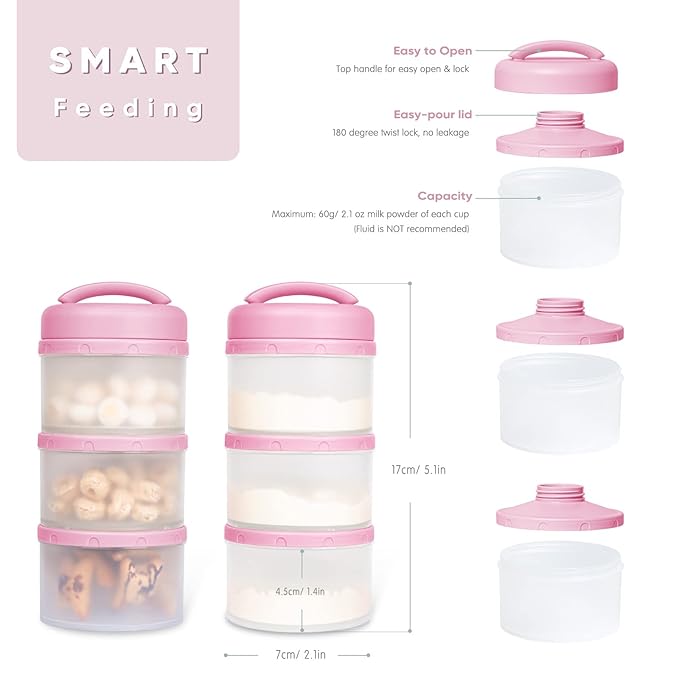 Termichy Stackable Formula Dispenser Portable Milk Powder Container, 2 Pack, Baby Pink