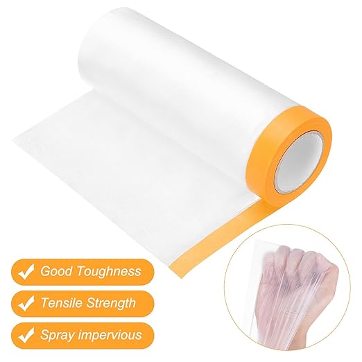 uxcell 3 Rolls Painters Plastic with Tape, 5 x 59 Ft Pre-Taped Masking Film Tape and Plastic Film Paint Plastic Covering Roll for Covering Skirting, Frames and Auto Body, Yellow/Clear