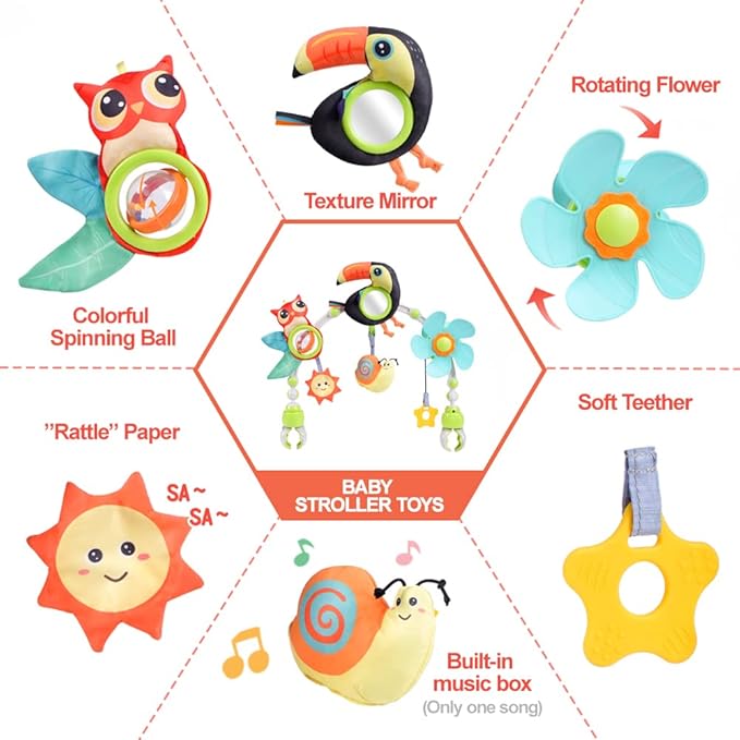 Koty Baby Stroller Arch Toy with Teether, Rattle, Crinkle Sound, Mirror & Music Box, Newborns Sensory Activity Carrier Take-Along Toy, Adjustable for Bouncers, Car Seat & Pram 0M+(Toucan)