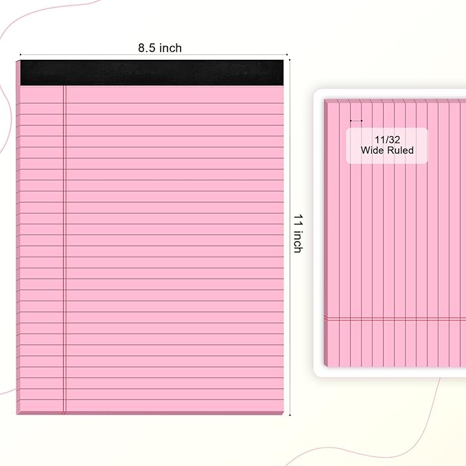Legal Pads 8.5 x 11 Wide Ruled - Note Pads 30 Sheets/Pad - 20lb Colored Notepad Paper - Perforated Notepad with Sturdy Back - Pink, Purple, Yellow, Green, Blue, White
