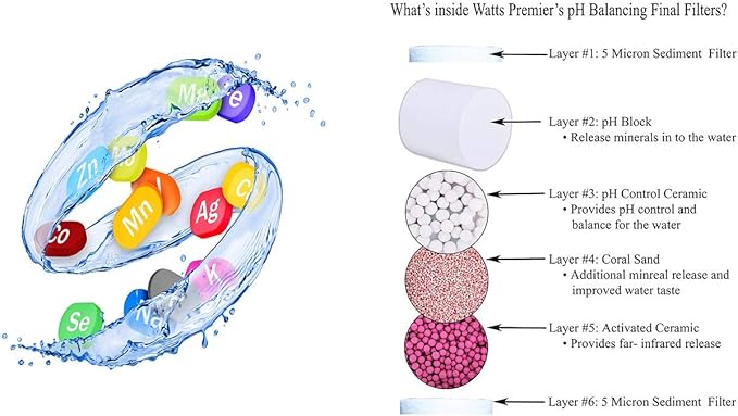 Watts Premier pH Balancing Ceramic Post-Filter with 1/4" QC (Quick Connect) Fittings for All RO Reverse Osmosis Systems, Water Filter Replacement, 6 Layers, Fits 1/4" Faucet Tubing