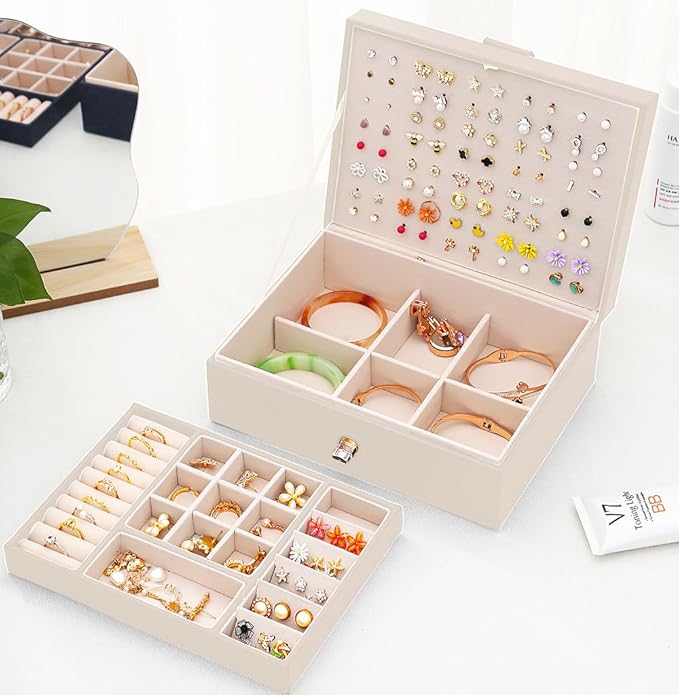 Girls Jewelry Box Earring Holder Organizer for Girls Jewelry Organizer Box Stud Earrings Organizer for Girls Womens Beige Jewelry Box for Earrings and Necklaces Rings Stud Earring Box for Teen