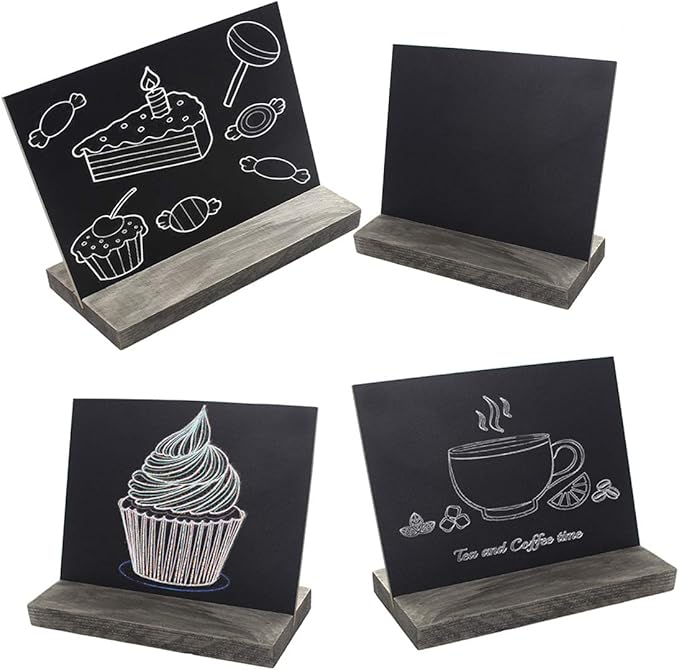 5 X 6 Inch Mini Tabletop Chalkboard Signs with Rustic Style Wood Base Stands, Set of 4，Include 3 chalks