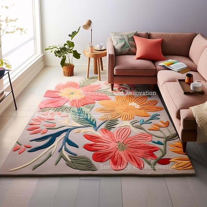 Handmade Wool Floral Area Rug for Living Room | Elegant Flower Garden Design, Soft, Thick and Durable | Bedroom, Dining Room & Home Decor Carpet (10' x 12', Floral A)
