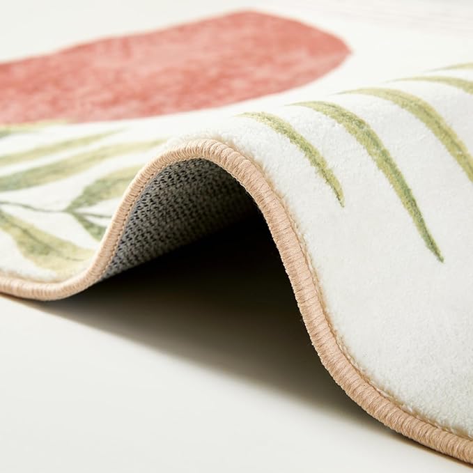 RoomTalks Boho Cute 3x5 Small Area Rugs Washable, Modern Abstract Geometric Shape with Tropical Leaves Non Slip Throw Rugs for Bedroom Kitchen Entryway Indoor Botanical Accent Carpet