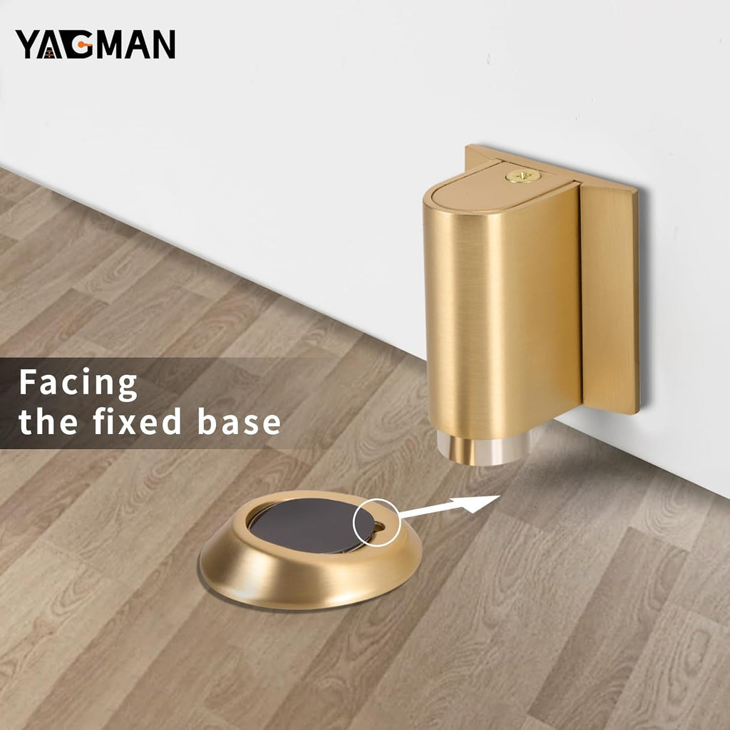 3 Pack Magnetic Door Stoppers Retractable Bottom of Door Holder No Drilling Mount Floor Door Stop with Screws and Adhesive Catch Door Keep Door Open Brushed Gold BG-3