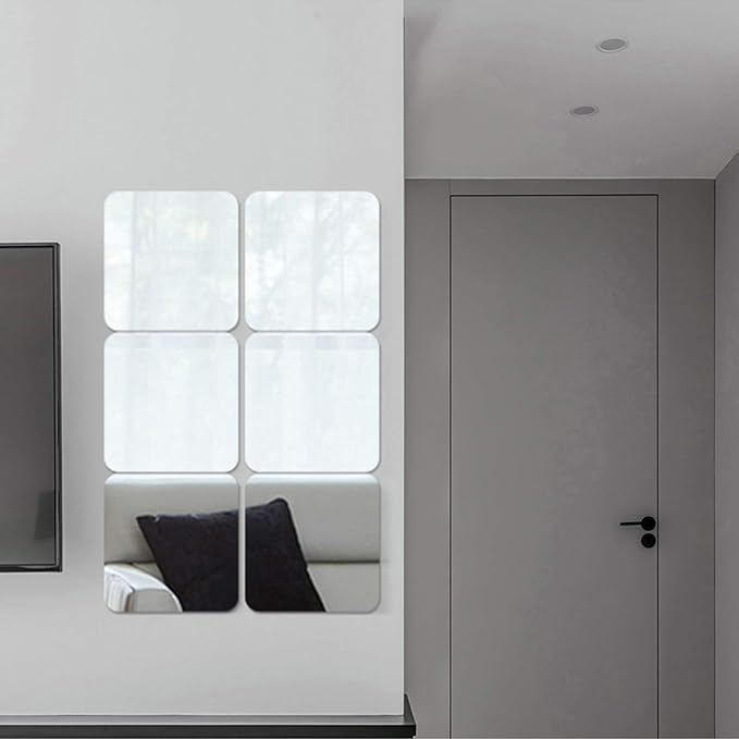 Acrylic Mirror Sheet Self Adhesive Wall Mounted Home Décor Non Glass Sticky Mirror Tile Thickness 0.08in (2mm) Square 8x8 inch