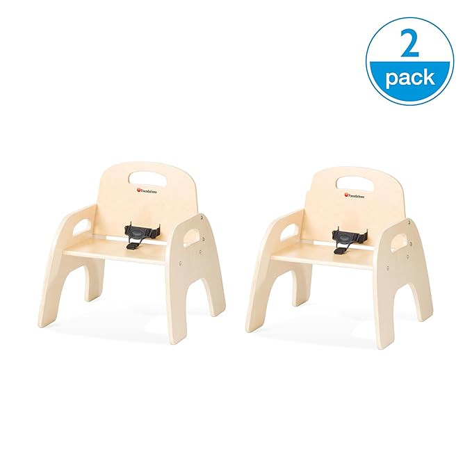 Foundations Simple Sitter 7” Low Wood Feeding Chairs, Wide No-Tip Base, Adjustable Safety Harness, Stackable Wood Toddler Chairs with Food Service Grade Finish, 2 Pack