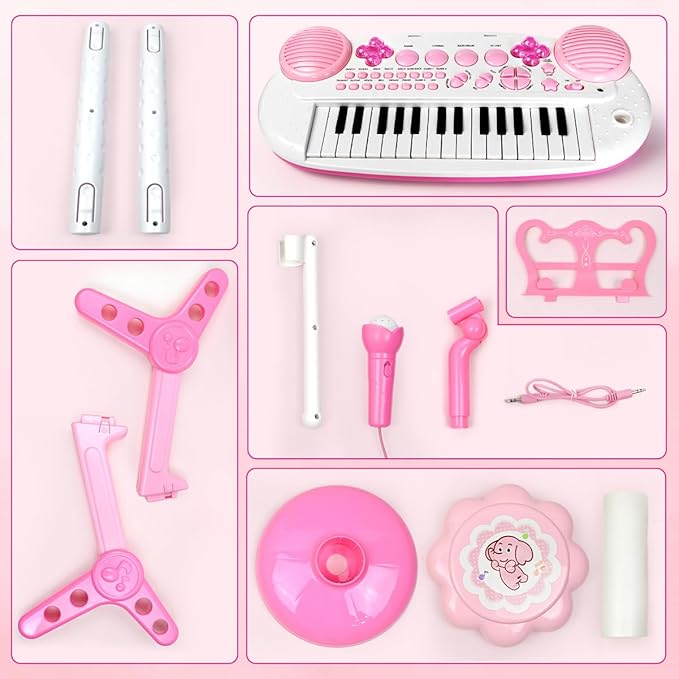 31-Key Rose Pink Kids Piano Toy Keyboard with Bench - Portable Electronic Multi-Functional Music Instrument with Microphone, Ideal Christmas & Birthday Gift for Girls & Kids Aged 3-5 Years Old