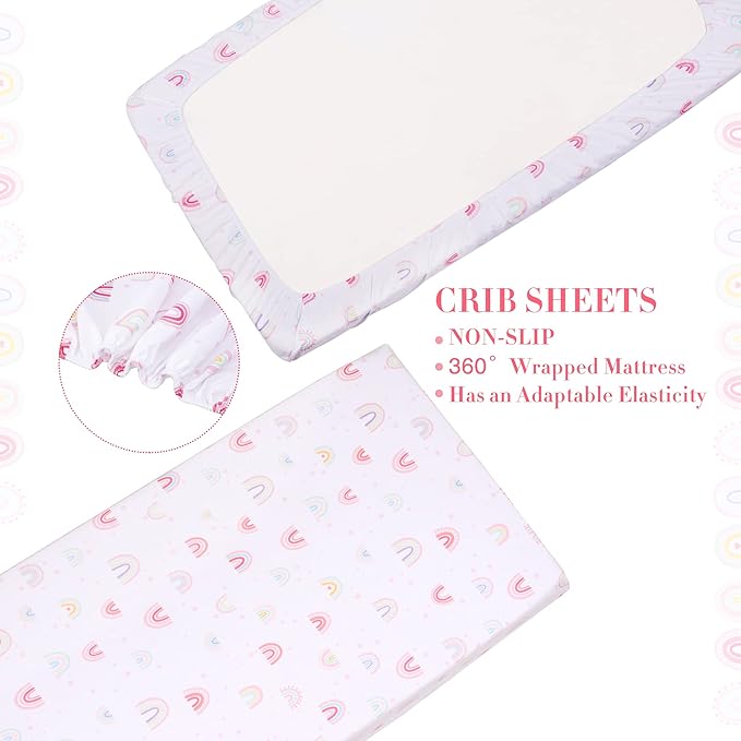 UOMNY Crib Bedding Set for Girls 3 Piece with Comforter Sheet Toddler Pillowcase Baby Bedding Sets Pink Rainbow