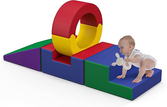 Foam Climbing Toys for Toddlers,4 Pcs Climb & Crawl Soft Play Set for Kids, Safe Indoor Tunnel for Toddler Gym with Pad,Easy to Clean